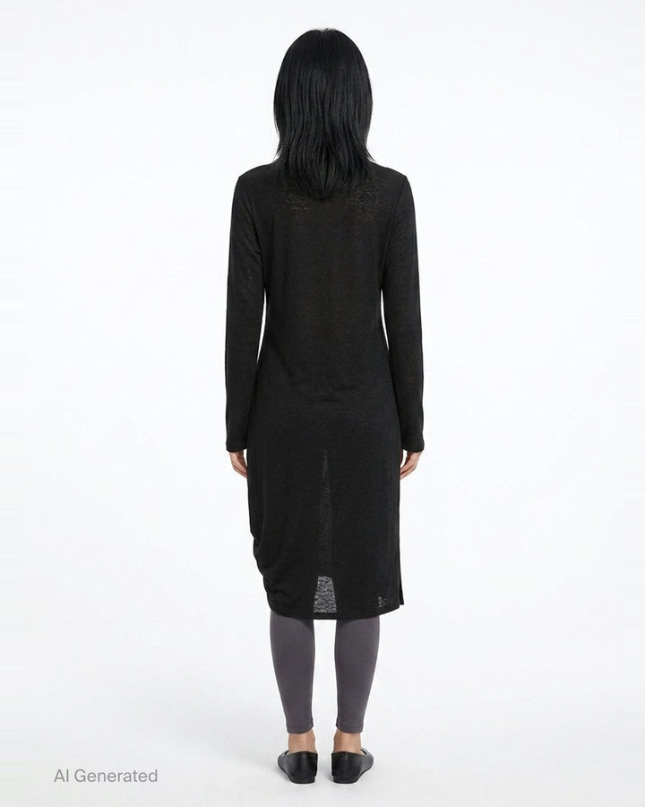 Y's black long-sleeve crew-neck knit top with asymmetric draped panel, vertical shell buttons, and adjustable drawstring tie creating a ruched sculptural effect - back