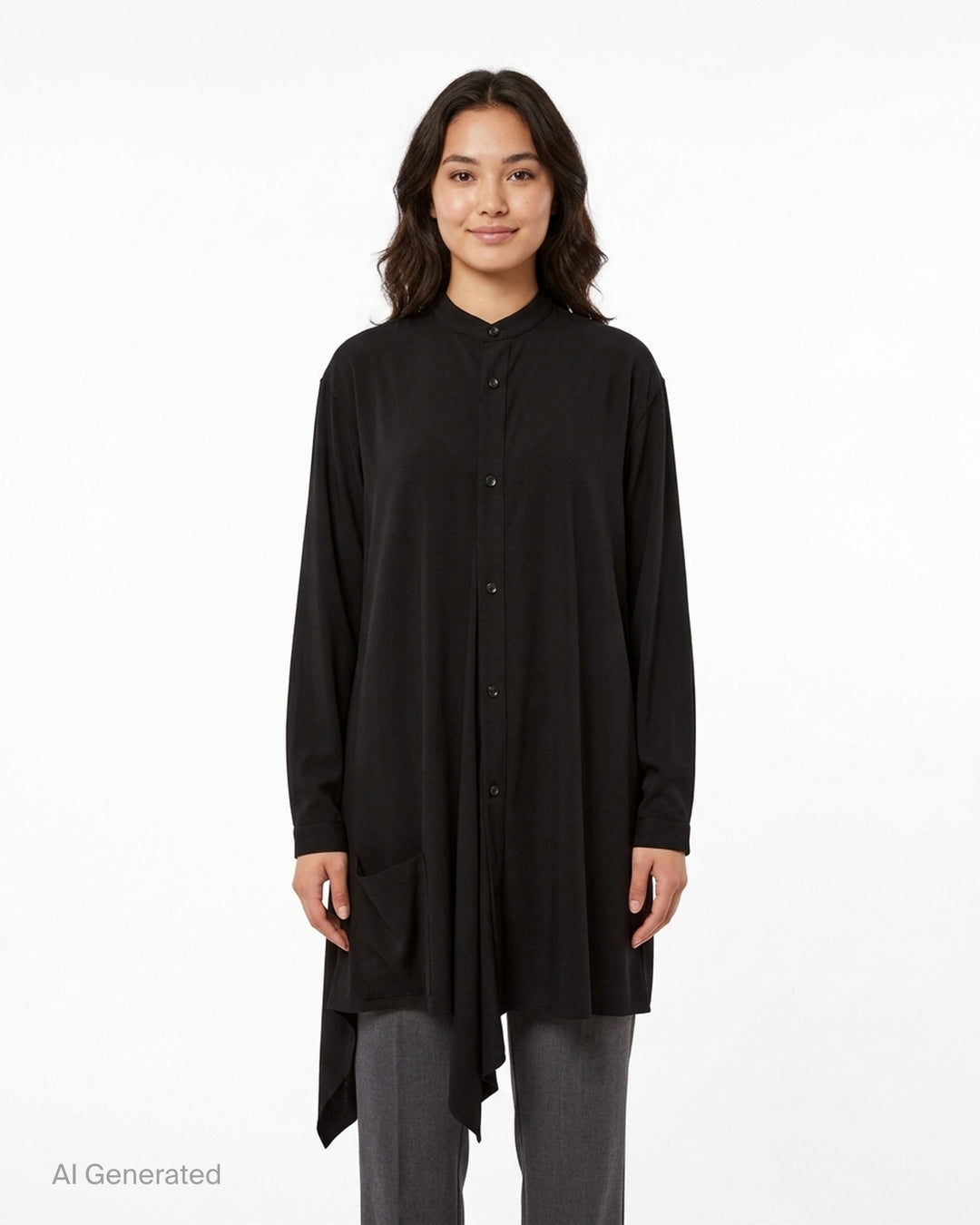 Y's black long-sleeve shirt dress with stand collar, button-through front, patch pocket and asymmetric draped hem - front
