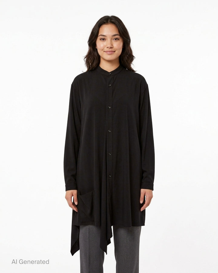 Y's black long-sleeve shirt dress with stand collar, button-through front, patch pocket and asymmetric draped hem - front