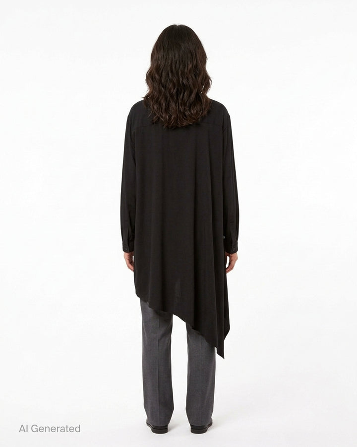 Y's black long-sleeve shirt dress with stand collar, button-through front, patch pocket and asymmetric draped hem - back
