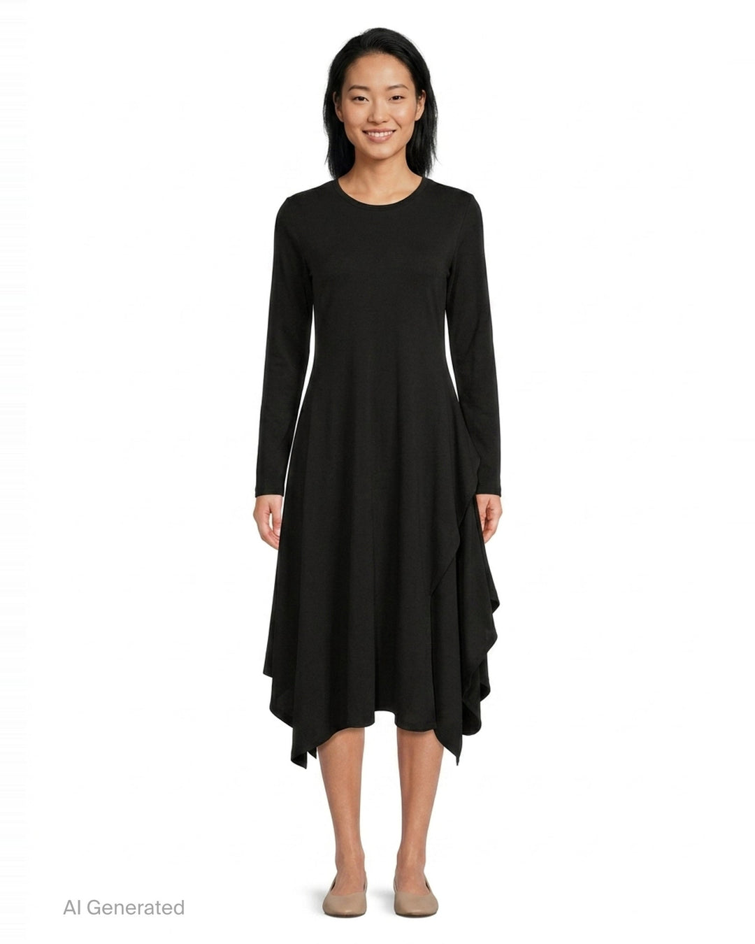 Yohji Yamamoto black long-sleeve asymmetric draped midi dress with cascading ruffle panel and handkerchief hem, front view on white background - front