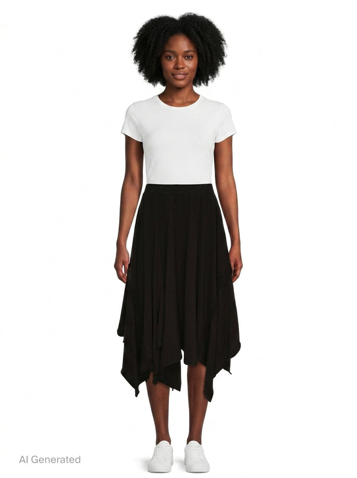 Yohji Yamamoto black draped midi skirt with asymmetric handkerchief hem and multiple pointed fabric panels, shown on white background - front
