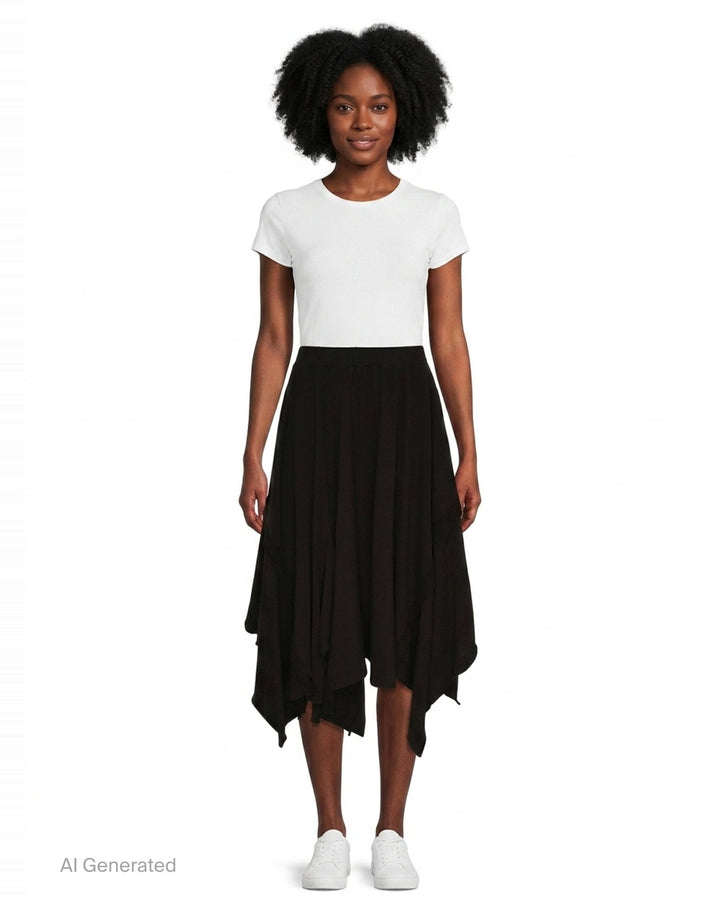 Yohji Yamamoto black draped midi skirt with asymmetric handkerchief hem and multiple pointed fabric panels, shown on white background - front