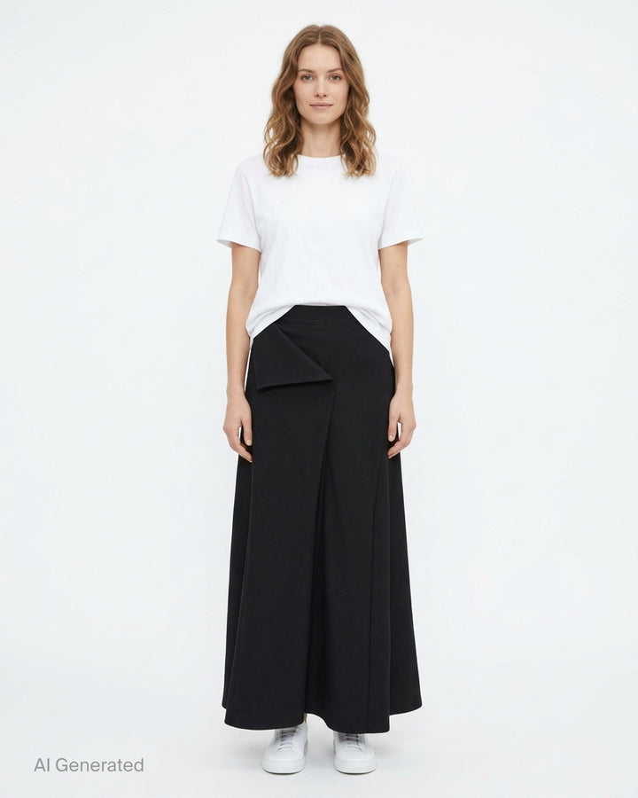 Black draped high-waist maxi skirt by Yohji Yamamoto with an asymmetric cascading panel and white scribble-stitched circle embroidery - front