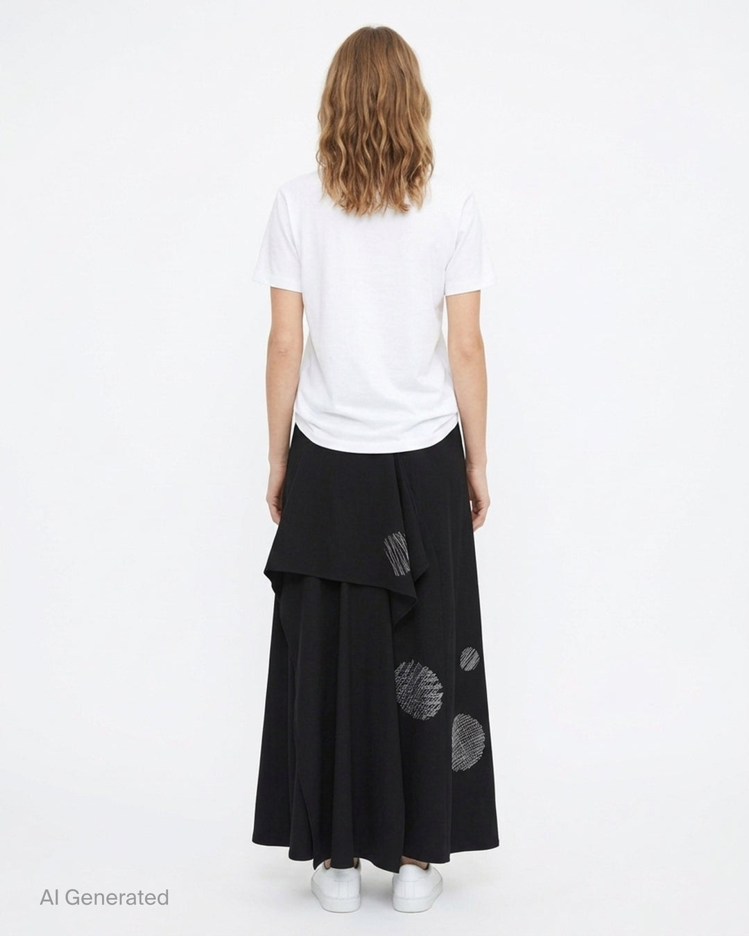Black draped high-waist maxi skirt by Yohji Yamamoto with an asymmetric cascading panel and white scribble-stitched circle embroidery - back