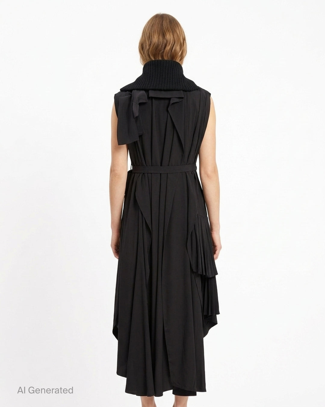Yohji Yamamoto Knit Combi Kimono Coat featuring a sleeveless ribbed knit zip bodice with a draped asymmetric hem - back