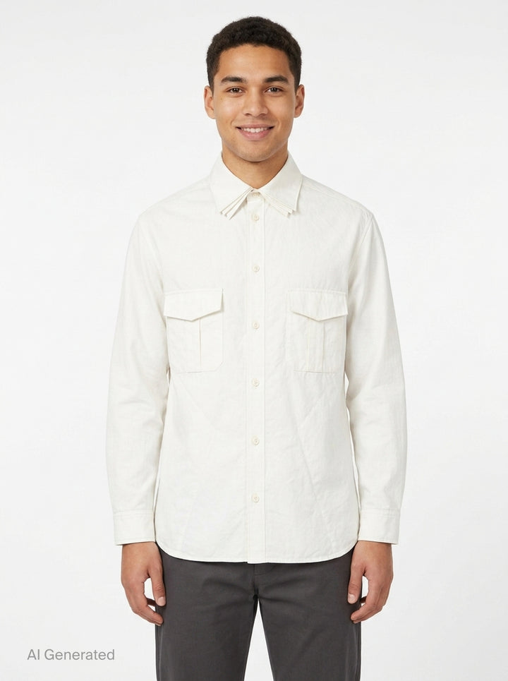 Yohji Yamamoto Padded Triple Collar Blouse in off-white, featuring layered fanned collar leaves, tonal button-front placket, and dual angular chest pocket flaps - front