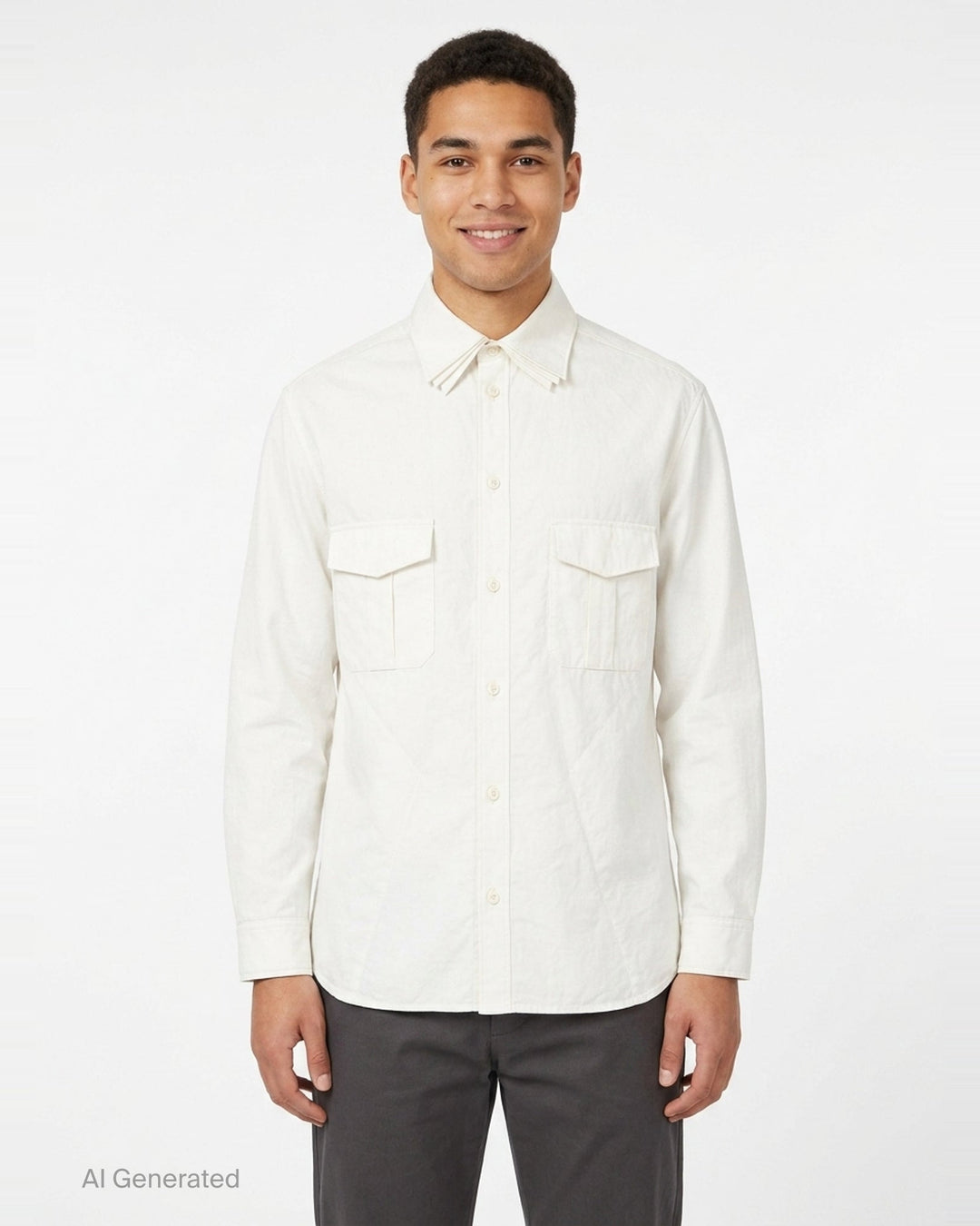 Yohji Yamamoto Padded Triple Collar Blouse in off-white, featuring layered fanned collar leaves, tonal button-front placket, and dual angular chest pocket flaps - front