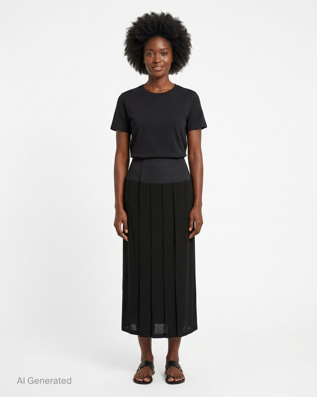 Yohji Yamamoto black pleated midi under skirt for kimono with a structured wide waistband, front view - front