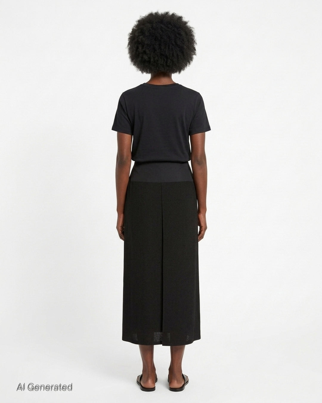 Yohji Yamamoto black pleated midi under skirt for kimono with a structured wide waistband, front view - back