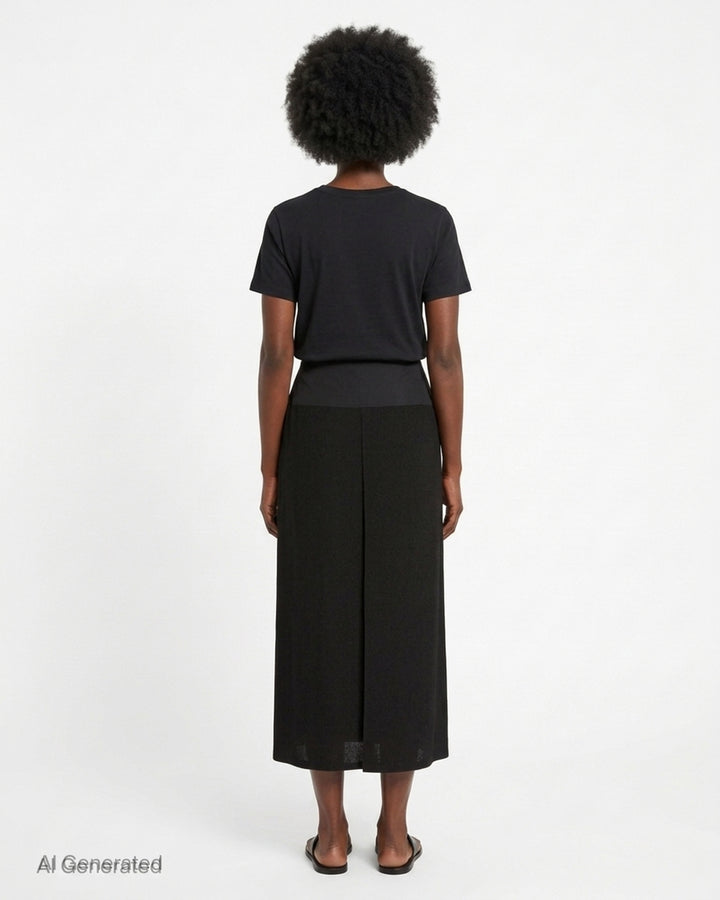 Yohji Yamamoto black pleated midi under skirt for kimono with a structured wide waistband, front view - back