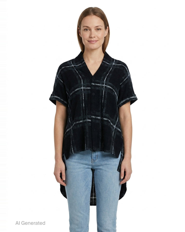 Short Sleeve Plaid Blouse | Yohji Yamamoto | Club21 - front