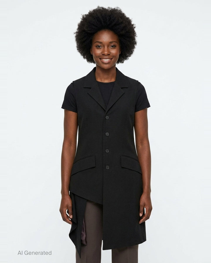 Yohji Yamamoto sleeveless long jacket in black with notched lapels, four-button front closure, flap hip pockets, and an asymmetric draped hem with dark lining, displayed on a white background - front