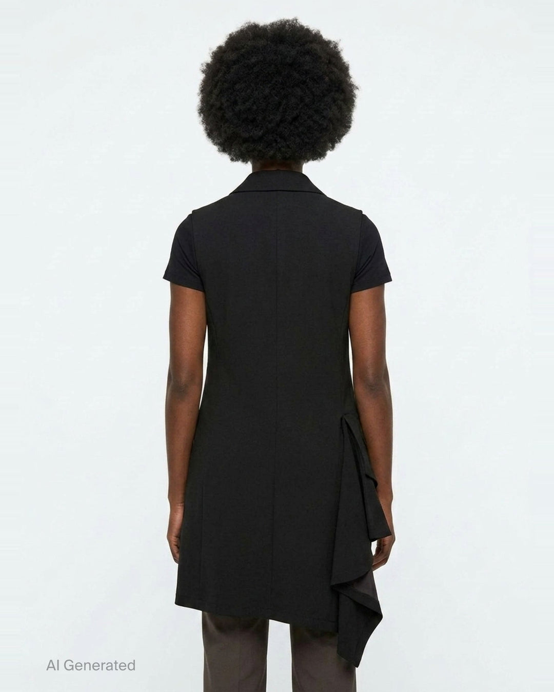Yohji Yamamoto sleeveless long jacket in black with notched lapels, four-button front closure, flap hip pockets, and an asymmetric draped hem with dark lining, displayed on a white background - back