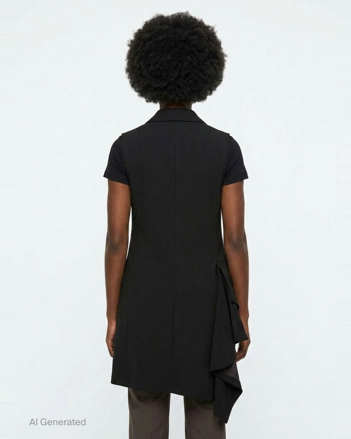 Yohji Yamamoto sleeveless long jacket in black with notched lapels, four-button front closure, flap hip pockets, and an asymmetric draped hem with dark lining, displayed on a white background - back