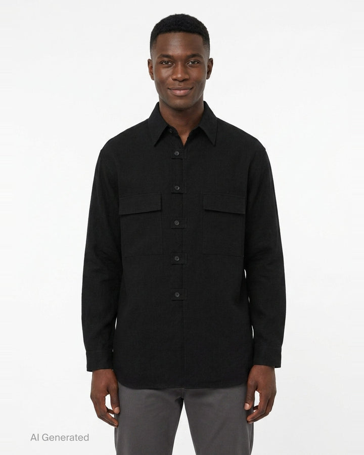 Yohji Yamamoto Spare Collar Long Sleeve Shirt in black, oversized fit with dual buttoned chest pockets and tonal button-through placket, front view on white background - front