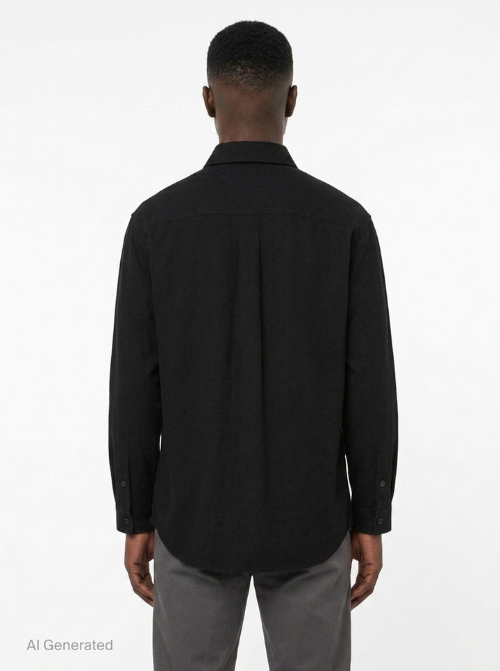 Yohji Yamamoto Spare Collar Long Sleeve Shirt in black, oversized fit with dual buttoned chest pockets and tonal button-through placket, front view on white background - back