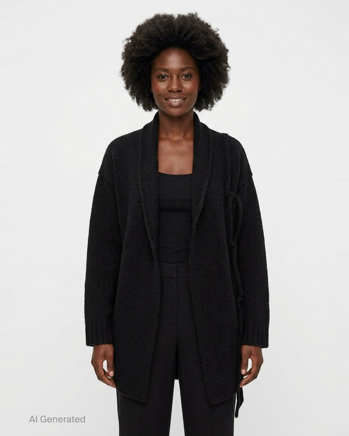 Yohji Yamamoto String Detail Cardigan in black — oversized open-front knit with tie-string hem detail and ribbed cuffs, displayed on a mannequin - front