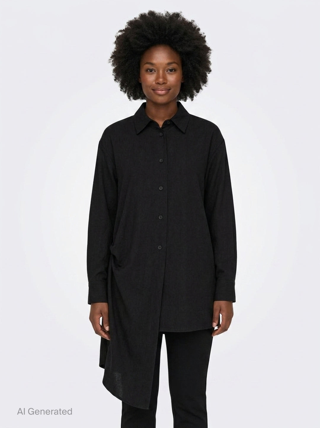 Yohji Yamamoto Tuck & Drape Blouse in black, featuring an asymmetric draped hem, button-through front, point collar, and long sleeves with buttoned cuffs - front