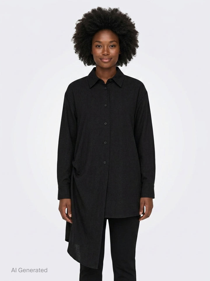 Yohji Yamamoto Tuck & Drape Blouse in black, featuring an asymmetric draped hem, button-through front, point collar, and long sleeves with buttoned cuffs - front