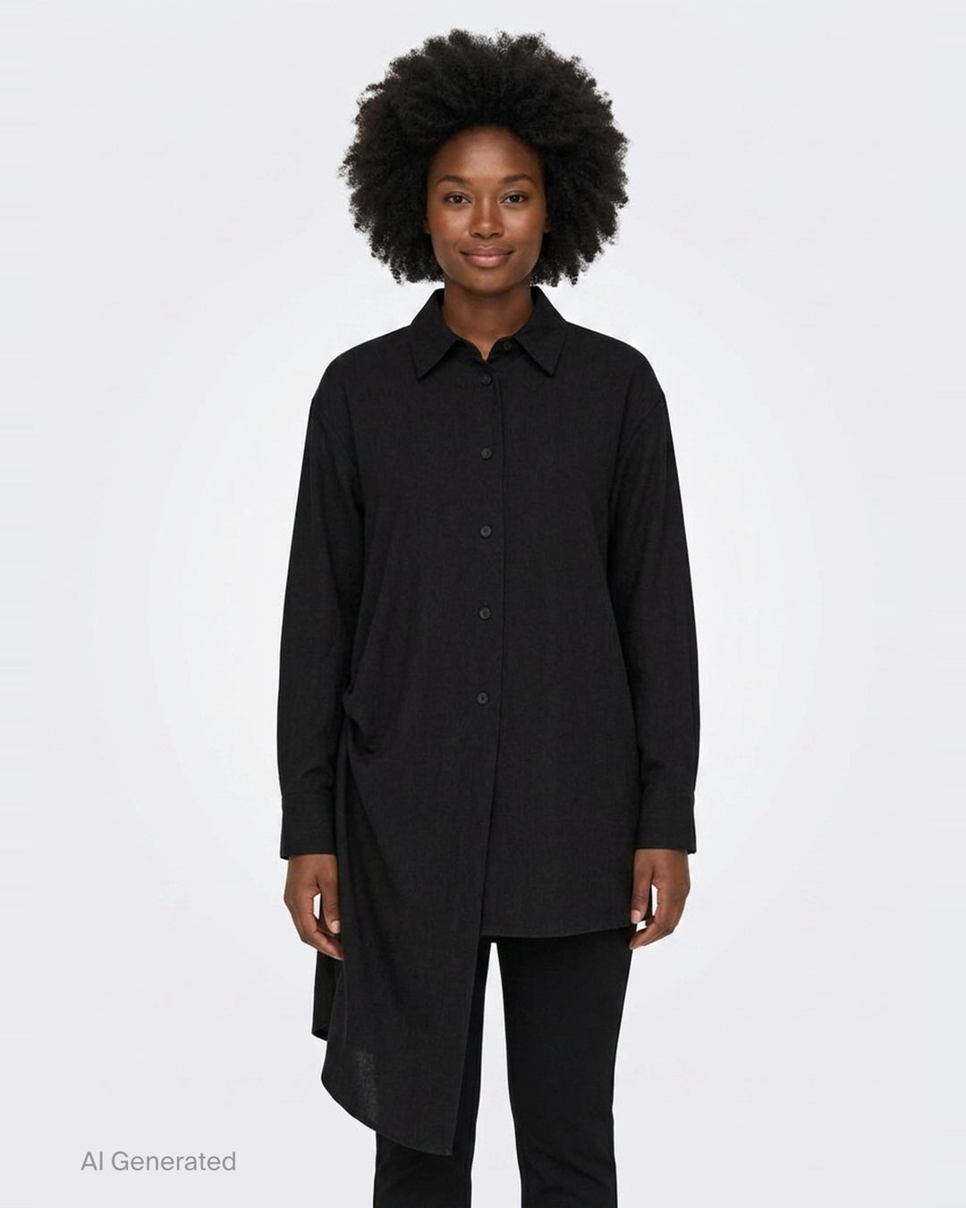 Yohji Yamamoto Tuck & Drape Blouse in black, featuring an asymmetric draped hem, button-through front, point collar, and long sleeves with buttoned cuffs - front