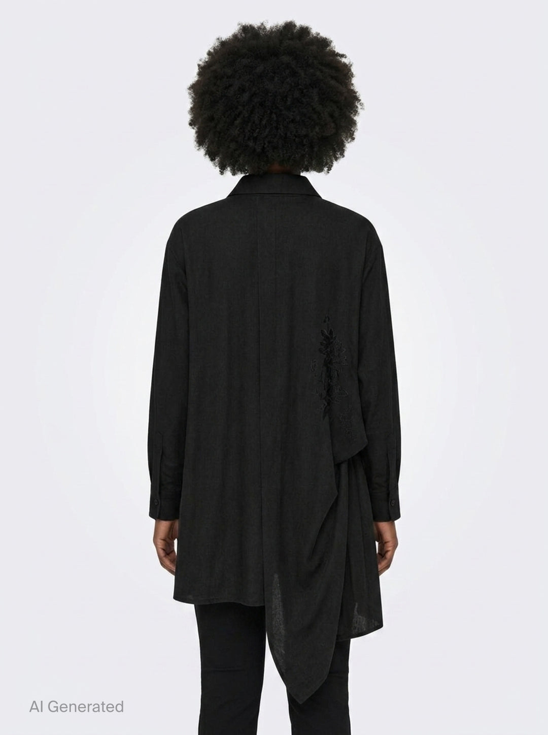 Yohji Yamamoto Tuck & Drape Blouse in black, featuring an asymmetric draped hem, button-through front, point collar, and long sleeves with buttoned cuffs - back