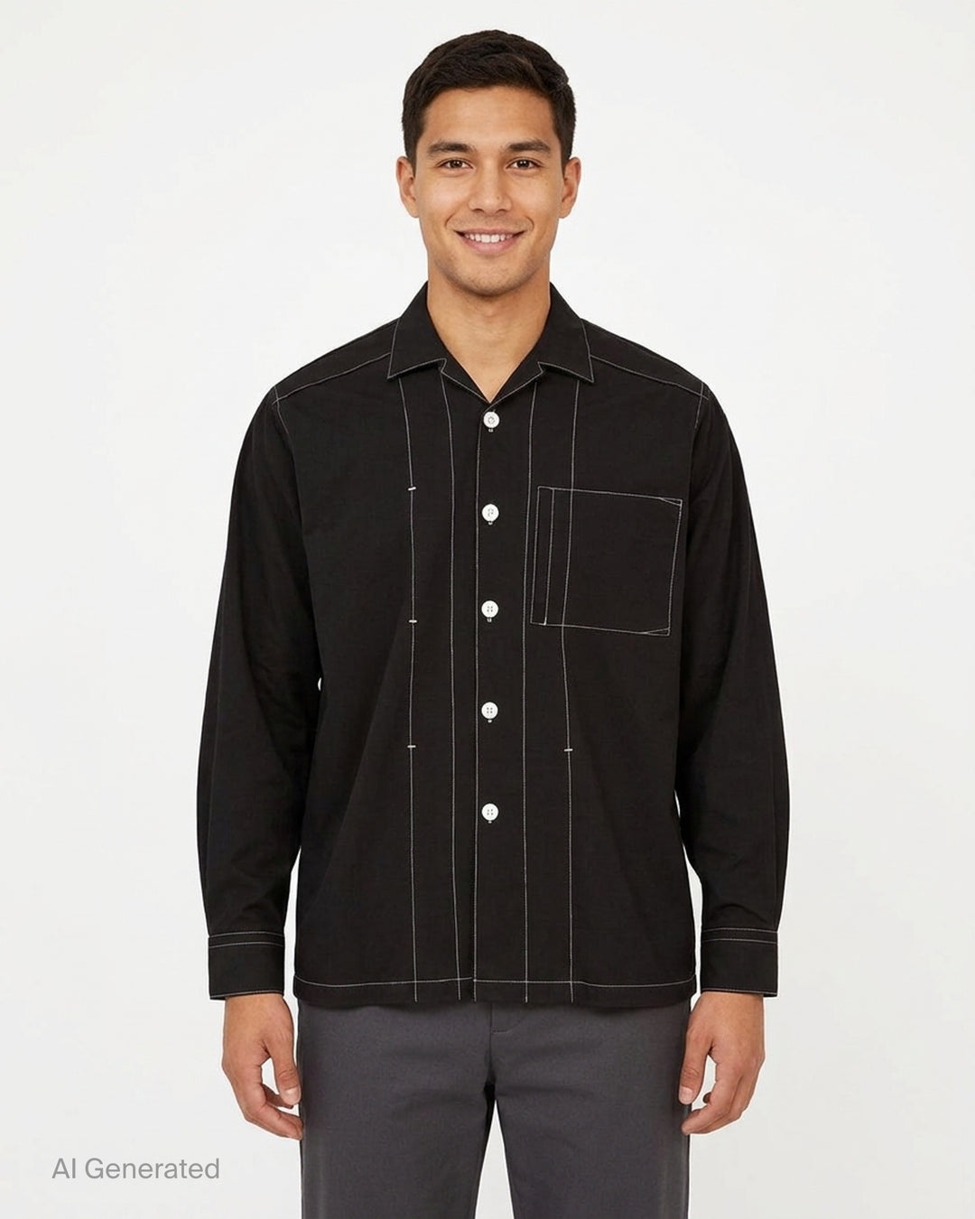 YOKE black long sleeve shirt with white contrast topstitching, camp collar, front button placket and patch chest pocket - front