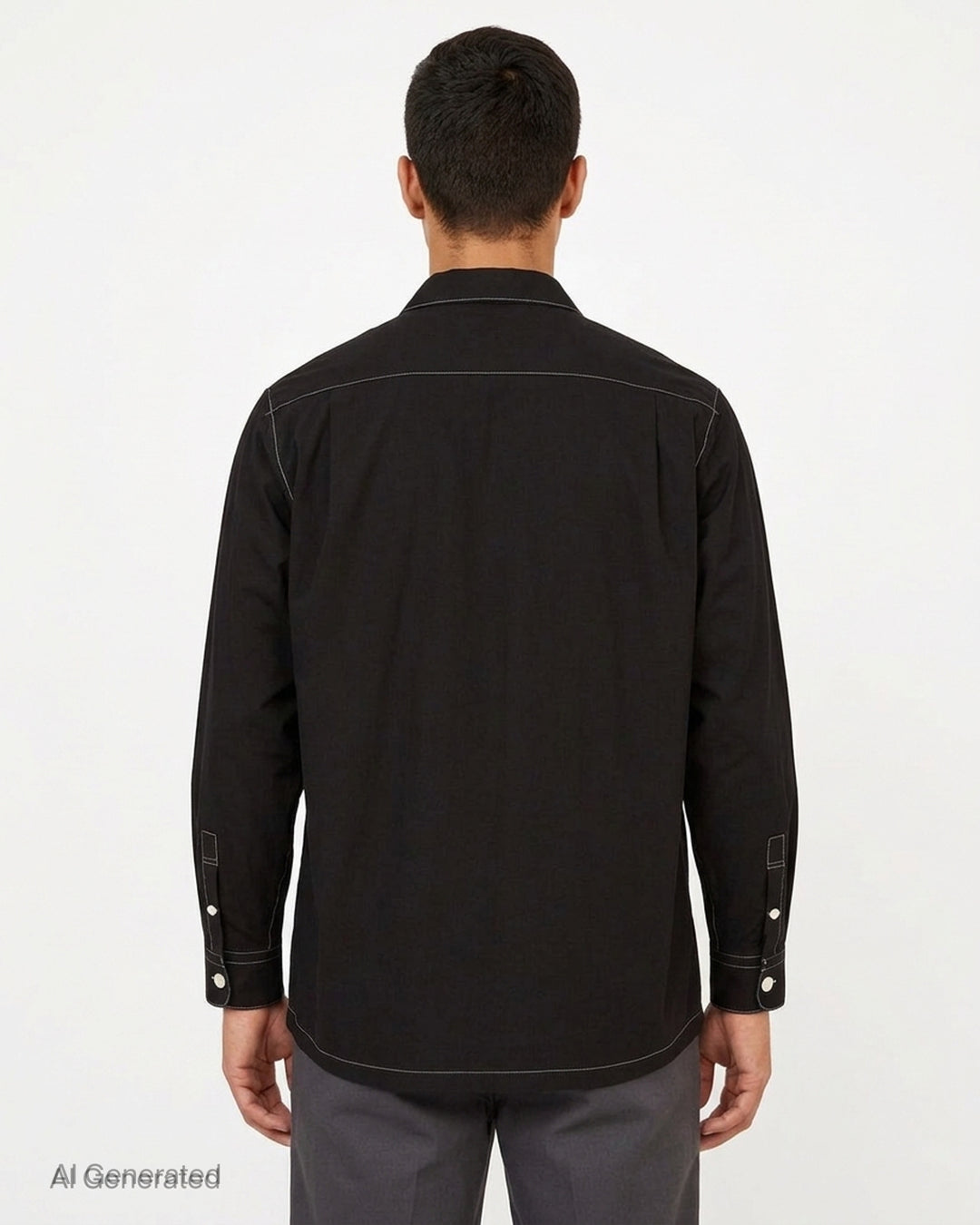YOKE black long sleeve shirt with white contrast topstitching, camp collar, front button placket and patch chest pocket - back