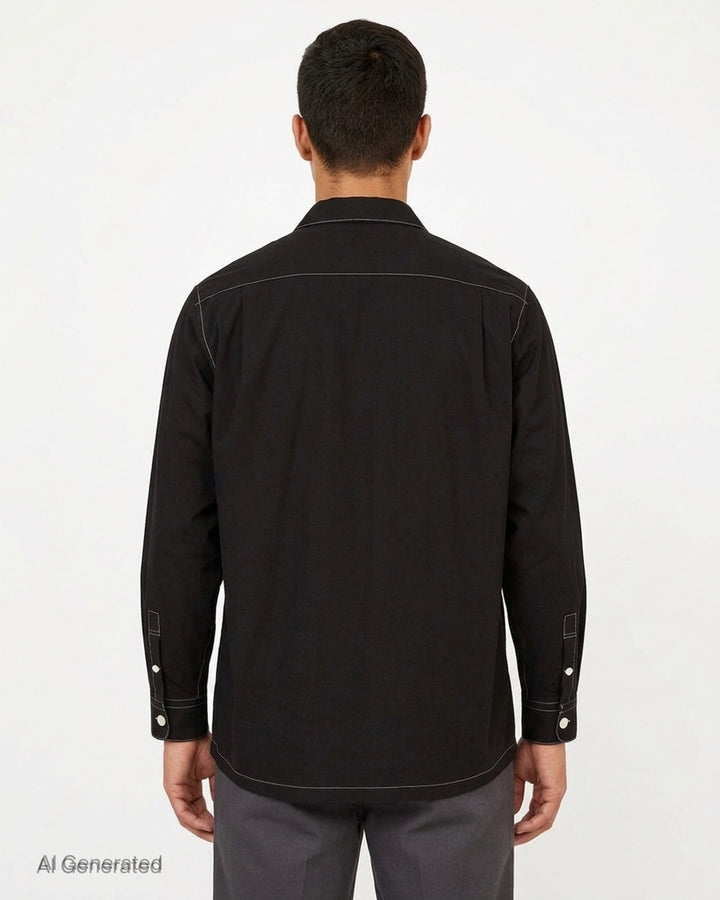 YOKE black long sleeve shirt with white contrast topstitching, camp collar, front button placket and patch chest pocket - back