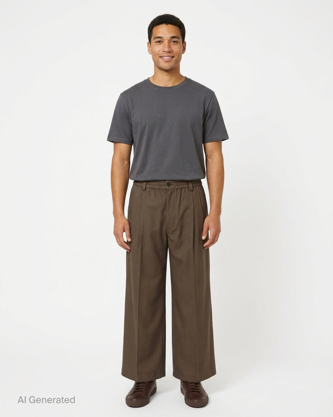 Brown wide-leg pleated trousers with an elasticated waistband, button closure and cropped hem, shown from the front - front