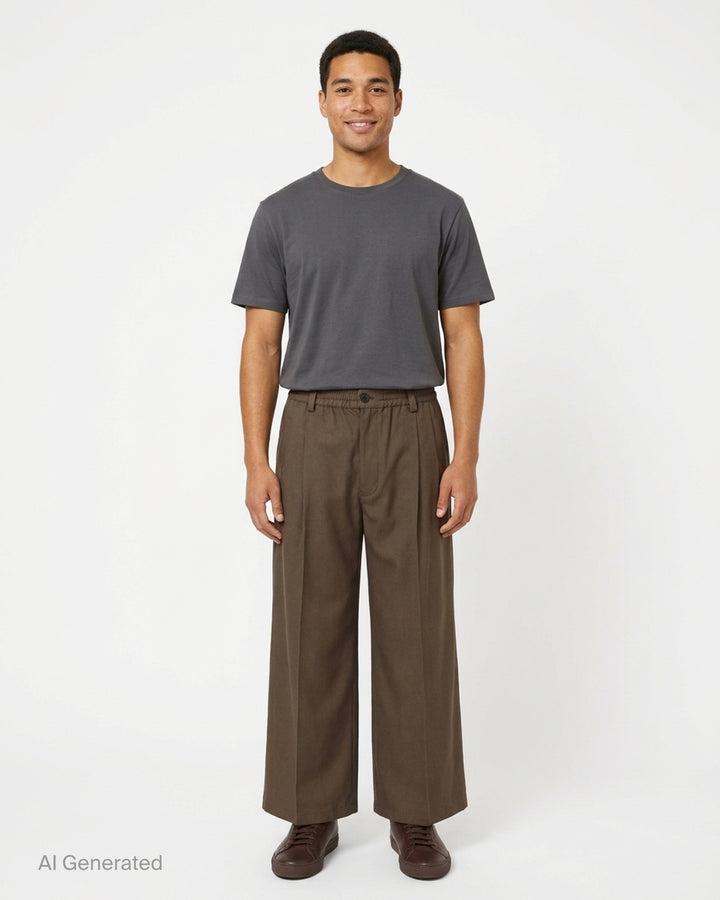 Brown wide-leg pleated trousers with an elasticated waistband, button closure and cropped hem, shown from the front - front