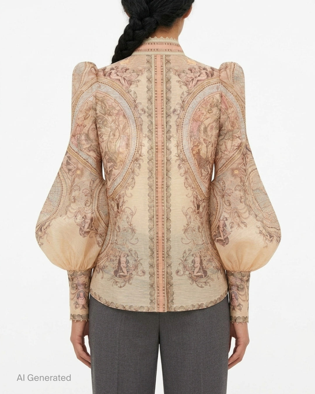 Zimmermann Ascent Body Blouse with antique map and cherub print, puff shoulders, balloon sleeves, stand collar and gold buttons - back