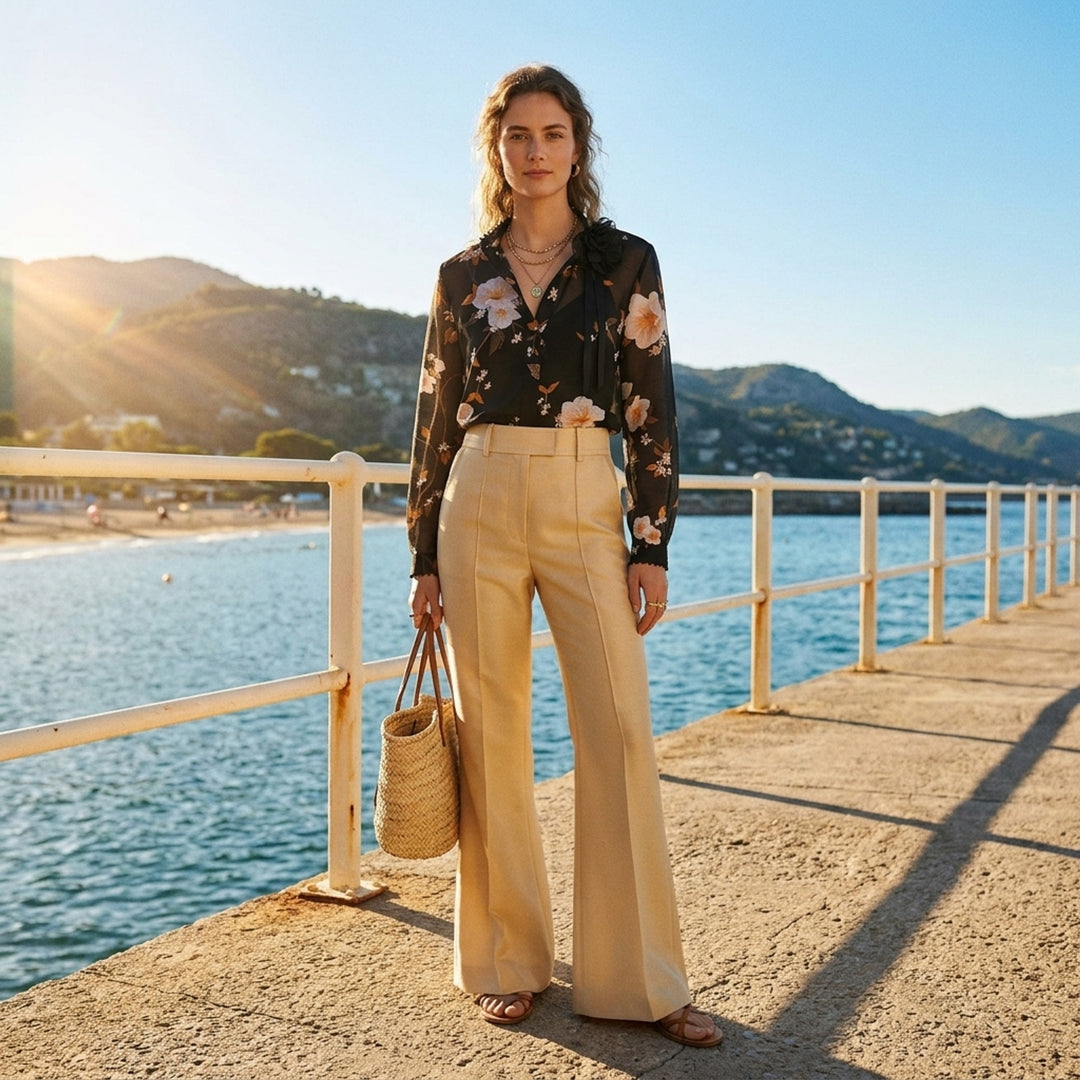 Zimmermann Ascent Embellished Body Shirt in sheer black floral print with ruffled bead-embellished collar, satin ribbon tie, and pom-pom trimmed cuffs - lifestyle
