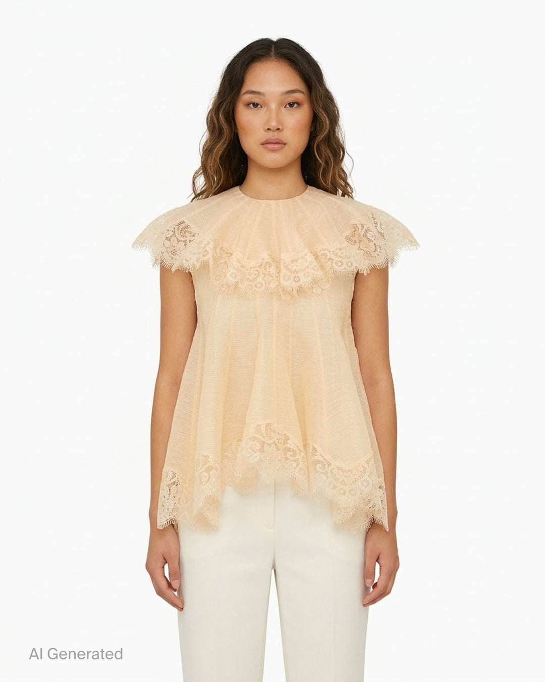Zimmermann Ascent Flutter Top in pale apricot with a pleated ruffle collar, scalloped lace trim and a flared handkerchief hem - front
