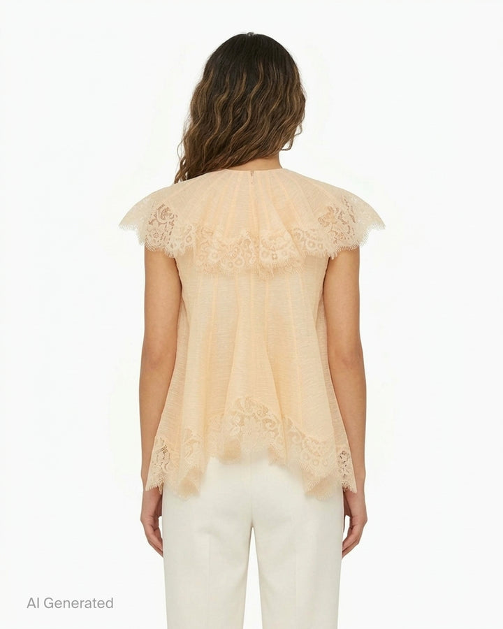 Zimmermann Ascent Flutter Top in pale apricot with a pleated ruffle collar, scalloped lace trim and a flared handkerchief hem - back