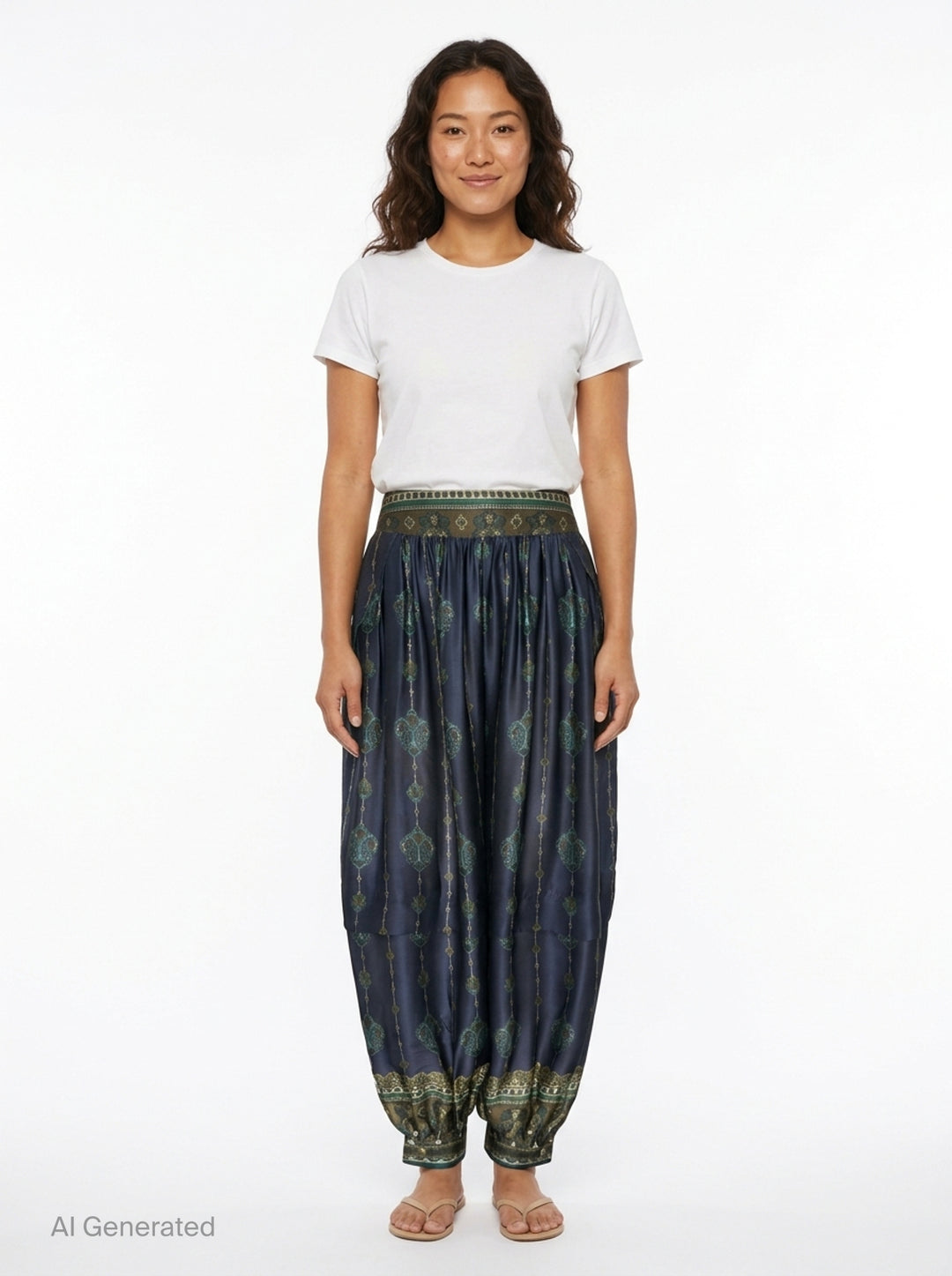 Zimmermann Ascent Harem Pants in navy with teal and gold paisley print, featuring a gathered silhouette, ornate woven waistband, and elasticated ankle cuffs with decorative border trim - front