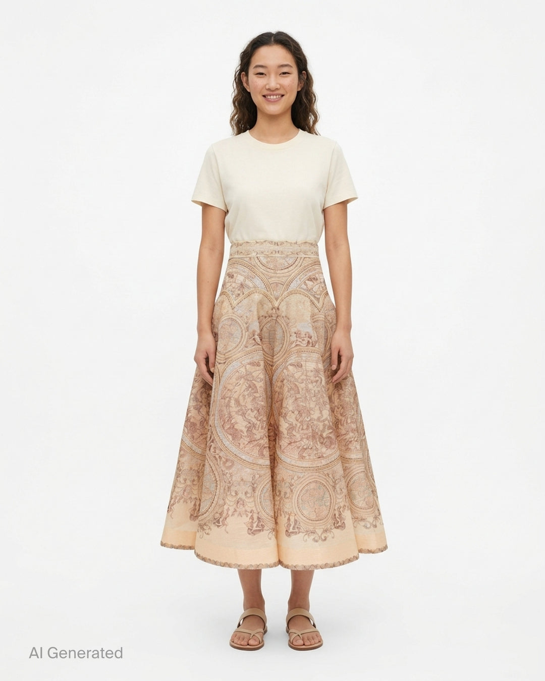 Zimmermann Ascent Panelled Midi Skirt in a peach and blush celestial map print with cherubs, baroque scrollwork and a scalloped hem - front