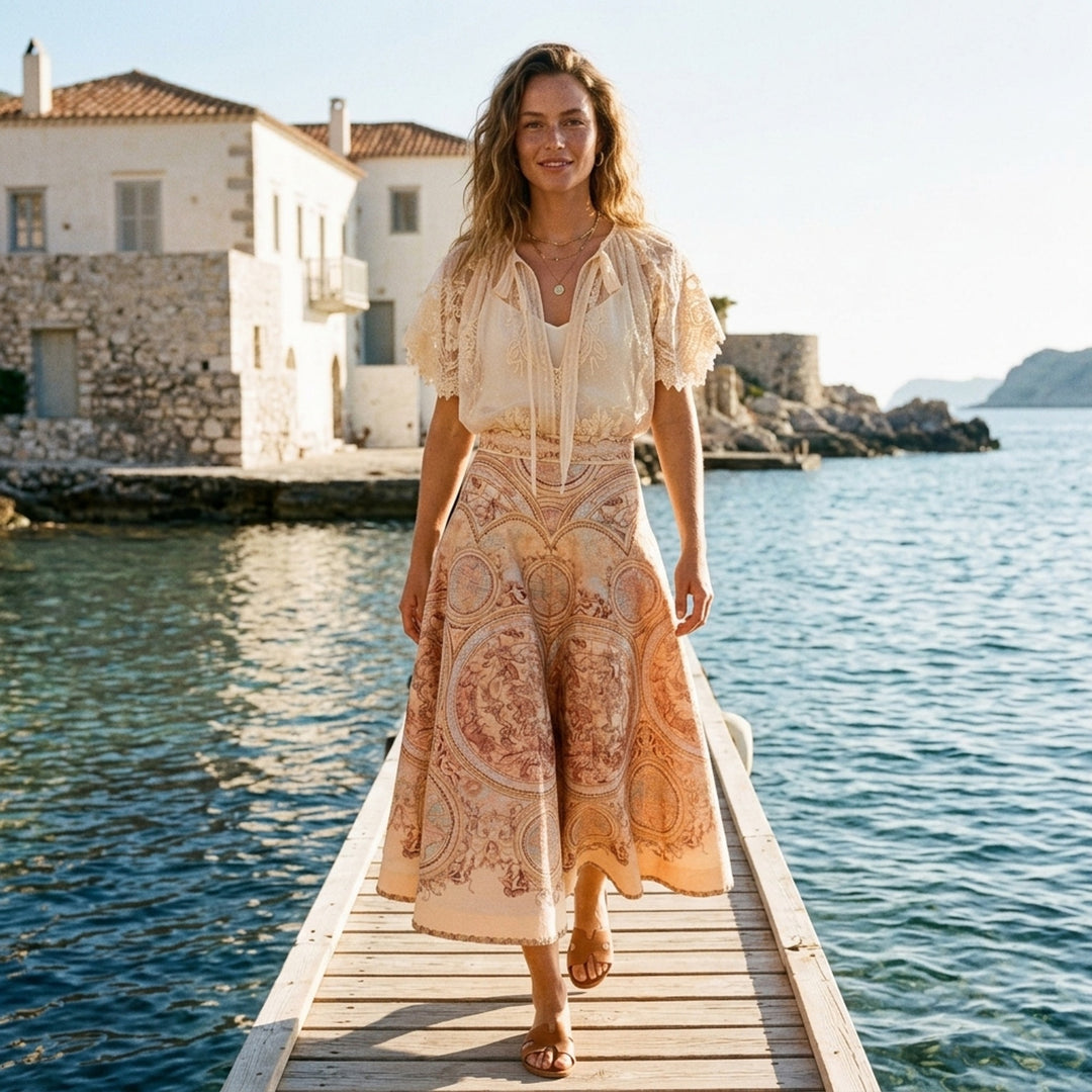 Zimmermann Ascent Panelled Midi Skirt in a peach and blush celestial map print with cherubs, baroque scrollwork and a scalloped hem - lifestyle