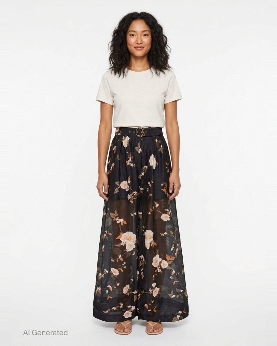 Zimmermann Ascent Pleat Pants in black with an all-over white floral and botanical branch print, featuring a wide-leg silhouette, front pleats, and a matching self-belt with gold circular buckle hardware - front