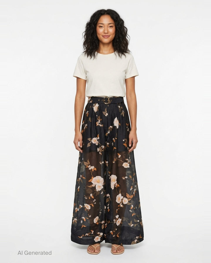 Zimmermann Ascent Pleat Pants in black with an all-over white floral and botanical branch print, featuring a wide-leg silhouette, front pleats, and a matching self-belt with gold circular buckle hardware - front