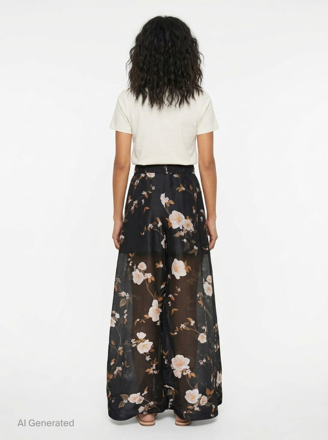Zimmermann Ascent Pleat Pants in black with an all-over white floral and botanical branch print, featuring a wide-leg silhouette, front pleats, and a matching self-belt with gold circular buckle hardware - back