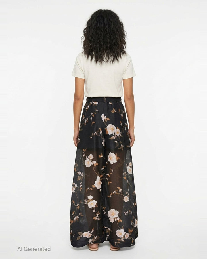 Zimmermann Ascent Pleat Pants in black with an all-over white floral and botanical branch print, featuring a wide-leg silhouette, front pleats, and a matching self-belt with gold circular buckle hardware - back