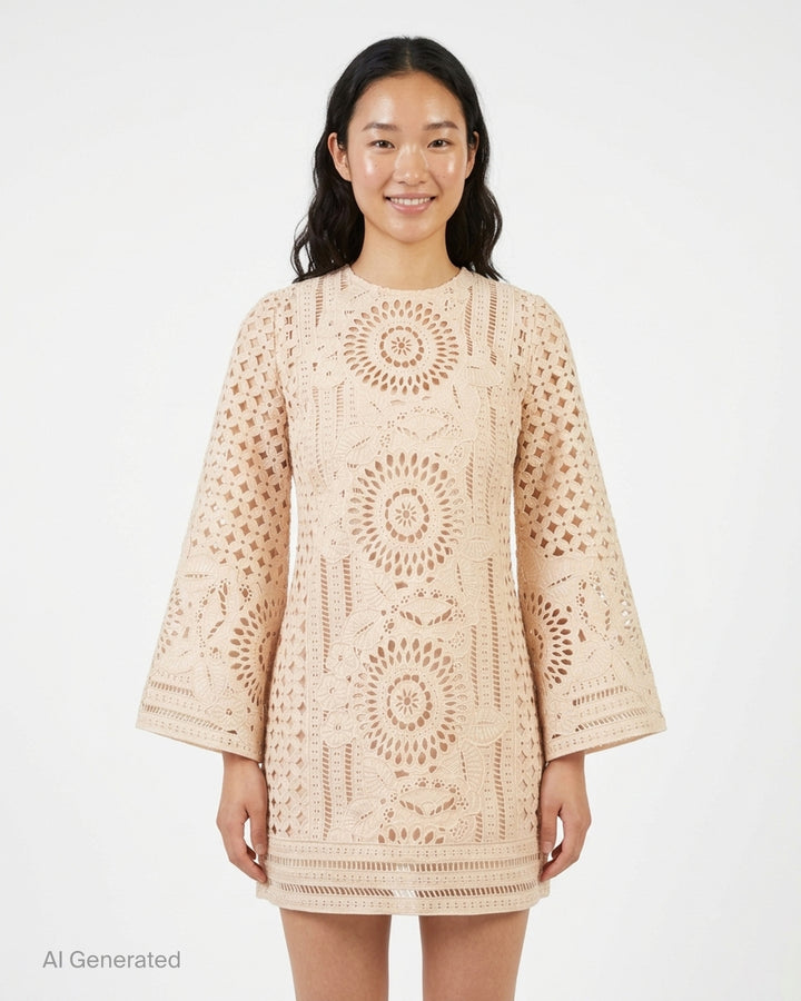 Zimmermann Indra Embroidered Mini Dress in blush, featuring all-over guipure lace cutwork with floral medallion motifs, flared long sleeves, crew neckline, and an openwork hem border - front