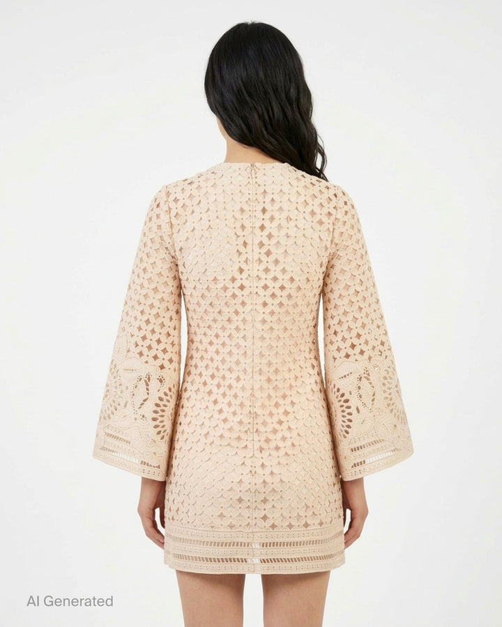 Zimmermann Indra Embroidered Mini Dress in blush, featuring all-over guipure lace cutwork with floral medallion motifs, flared long sleeves, crew neckline, and an openwork hem border - back