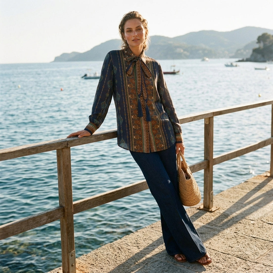 Zimmermann Satin Scarf Blouse in navy and bronze paisley print with self-tie bow collar, tassel ends, and button-through front placket - lifestyle
