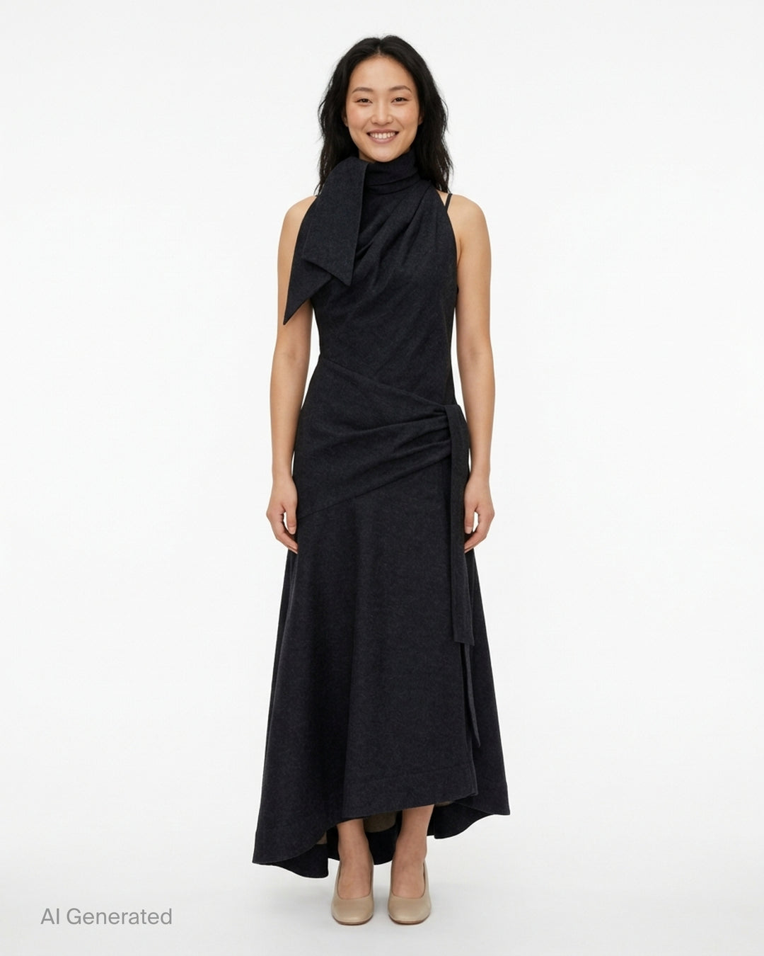 Zimmermann Valiant Draped Denim Dress in a dark washed denim with a bow-tied high neckline, draped waist with side tie and asymmetric flared hem - front