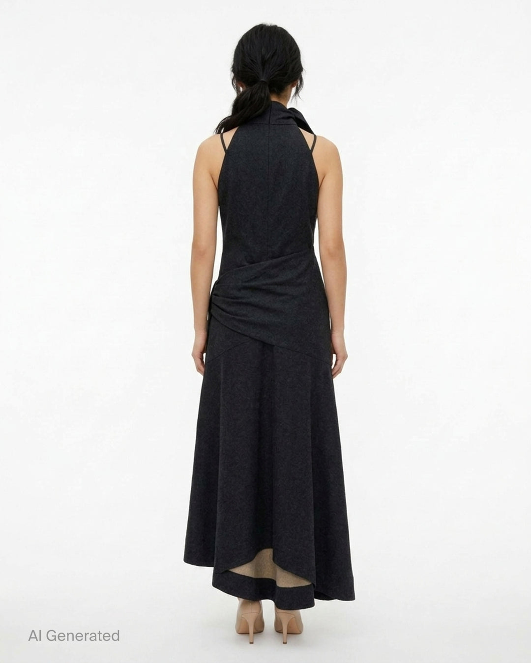 Zimmermann Valiant Draped Denim Dress in a dark washed denim with a bow-tied high neckline, draped waist with side tie and asymmetric flared hem - back