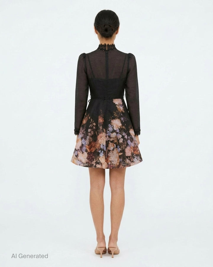 Zimmermann Valiant Embellish Mini Dress in black with sheer long sleeves, floral print skirt, beaded lace collar and tasselled waist tie - back