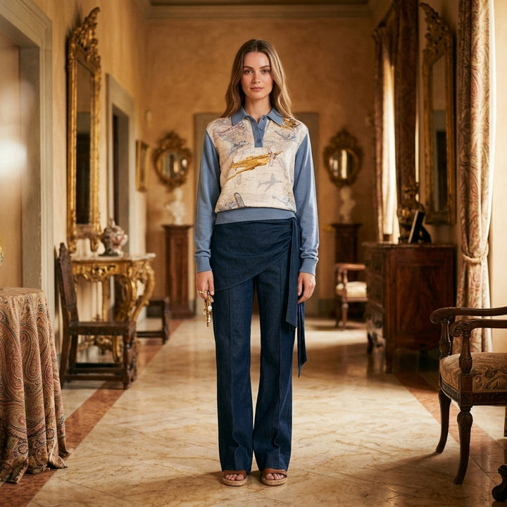 Zimmermann Valiant long sleeve polo with a silk front panel printed with a vintage world map and aeroplanes, framed by blue knit collar, sleeves, and hem - lifestyle