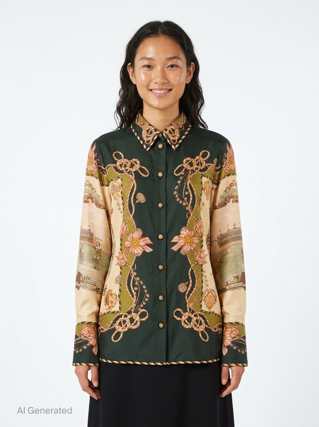 Zimmermann Valiant Twill Shirt with an ornate cricket and floral scarf print in forest green, blush, and ochre, featuring gold-tone press-stud buttons and wide printed cuffs - front